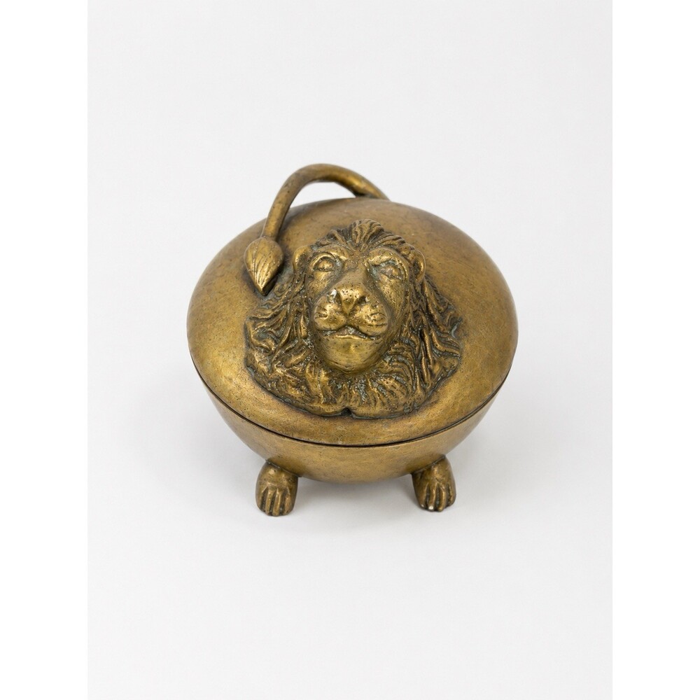 Vintage Brass Lion Head Trinket Box Jewelry Casket Footed Lidded Vanity Decor